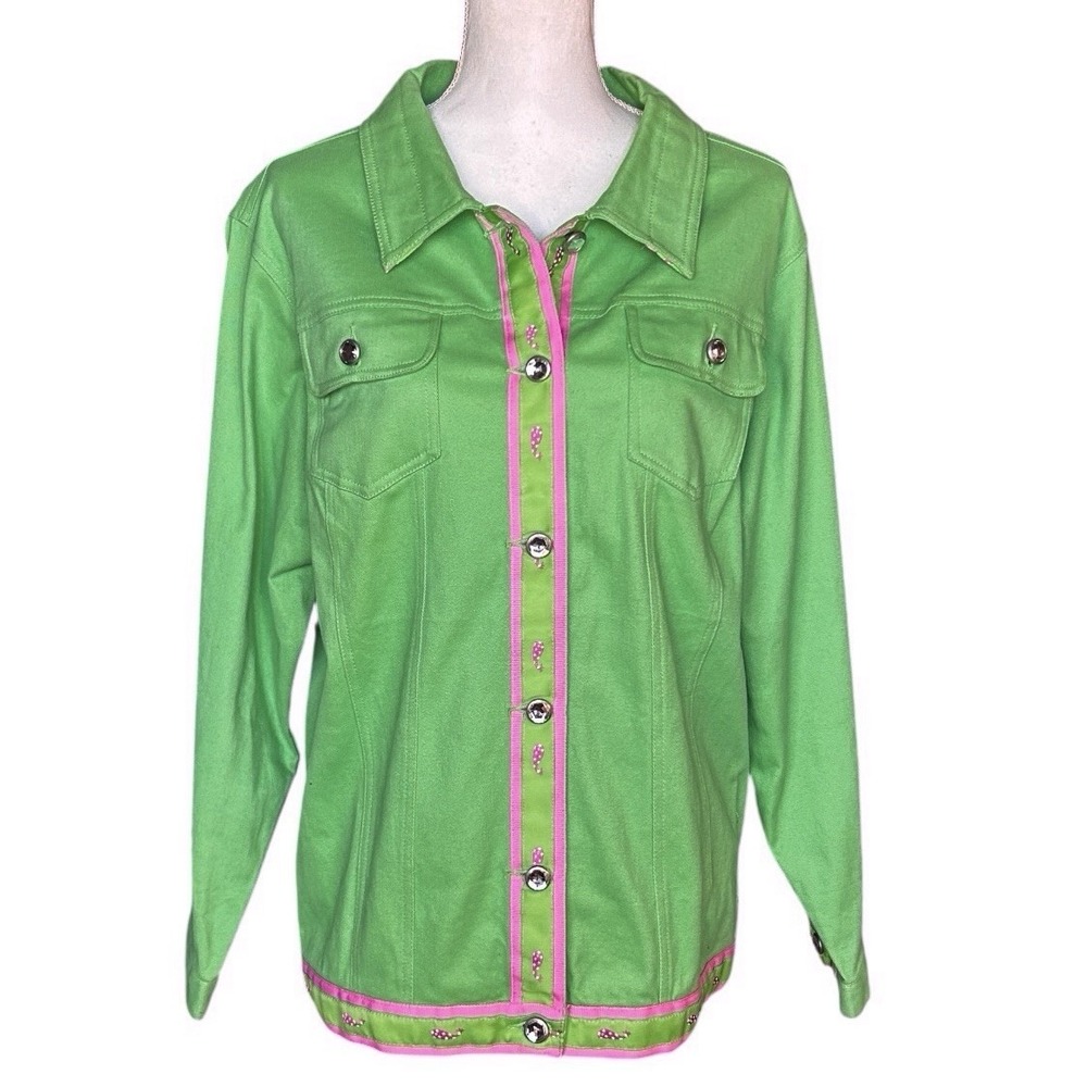QUACKER FACTORY Green Jacket sz 1X Grosgrain Ribbon Pink Whale Trim Resortwear - Picture 2 of 11